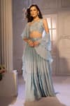 Shop_Aariyana Couture_Blue Net, Georgette Beads Ruched Shimmer Skirt Set With Ruffle Dupatta 