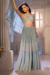 Aariyana Couture_Blue Net, Georgette Beads Ruched Shimmer Skirt Set With Ruffle Dupatta _Online