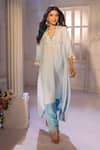 Aariyana Couture_Blue Silk, Crepe, Tussar, Georgette Embroidery V-neck Kaftan Pant Set _Online_at_Aza_Fashions