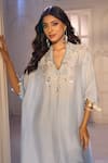 Aariyana Couture_Blue Silk, Crepe, Tussar, Georgette Embroidery V-neck Kaftan Pant Set _at_Aza_Fashions