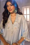 Shop_Aariyana Couture_Blue Silk, Crepe, Tussar, Georgette Embroidery V-neck Kaftan Pant Set 
