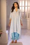 Aariyana Couture_Blue Silk, Crepe, Tussar, Georgette Embroidery V-neck Kaftan Pant Set _Online
