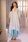 Buy_Aariyana Couture_Blue Silk, Crepe, Tussar, Georgette Embroidery V-neck Kaftan Pant Set _Online