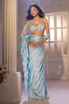 Buy_Aariyana Couture_Blue Modal, Satin, Net Embroidery, Beads, Pre-draped Ruffle Saree With Blouse 