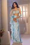 Buy_Aariyana Couture_Blue Modal, Satin, Net Embroidery, Beads, Pre-draped Ruffle Saree With Blouse _Online