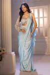 Shop_Aariyana Couture_Blue Modal, Satin, Net Embroidery, Beads, Pre-draped Ruffle Saree With Blouse _Online