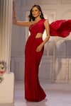 Buy_Aariyana Couture_Red Viscose, Crepe Embroidery Pre-draped Saree With One Shoulder Bustier _Online_at_Aza_Fashions