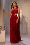 Shop_Aariyana Couture_Red Viscose, Crepe Embroidery Pre-draped Saree With One Shoulder Bustier _Online_at_Aza_Fashions