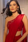 Shop_Aariyana Couture_Red Viscose, Crepe Embroidery Pre-draped Saree With One Shoulder Bustier _at_Aza_Fashions