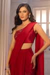 Shop_Aariyana Couture_Red Viscose, Crepe Embroidery Pre-draped Saree With One Shoulder Bustier 
