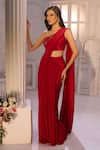Aariyana Couture_Red Viscose, Crepe Embroidery Pre-draped Saree With One Shoulder Bustier _Online_at_Aza_Fashions