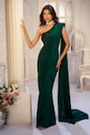 Buy_Aariyana Couture_Green Viscose, Crepe Embroidery One Shoulder Pre-draped Saree With Bustier _Online_at_Aza_Fashions