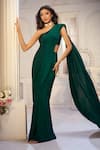 Aariyana Couture_Green Viscose, Crepe Embroidery One Shoulder Pre-draped Saree With Bustier _at_Aza_Fashions