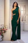 Aariyana Couture_Green Viscose, Crepe Embroidery One Shoulder Pre-draped Saree With Bustier _Online_at_Aza_Fashions