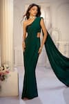 Buy_Aariyana Couture_Green Viscose, Crepe Embroidery One Shoulder Pre-draped Saree With Bustier _Online