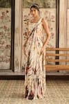 Diyarajvvir_Ivory Crepe, Georgette Beads, Sequins Square Floral Print Pre-draped Saree Set _at_Aza_Fashions