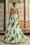 Buy_Diyarajvvir_Ivory Tulle, Georgette Beads, Sequins V-neck Green Floral Print Lehenga Set _at_Aza_Fashions