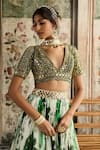 Buy_Diyarajvvir_Ivory Tulle, Georgette Beads, Sequins V-neck Green Floral Print Lehenga Set _Online_at_Aza_Fashions