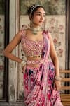 Diyarajvvir_Fuchsia Crepe, Georgette Embroidery Square Neck Fuschia Pre-draped Saree Set _Online_at_Aza_Fashions