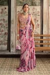Buy_Diyarajvvir_Fuchsia Crepe, Georgette Embroidery Square Neck Fuschia Pre-draped Saree Set _at_Aza_Fashions