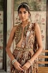 Diyarajvvir_Brown Georgette, Tulle Sequins, Beads Halter Neck Caramel Pre-draped Saree Set _Online_at_Aza_Fashions