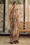 Buy_Diyarajvvir_Brown Georgette, Tulle Sequins, Beads Halter Neck Caramel Pre-draped Saree Set _Online_at_Aza_Fashions