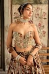 Shop_Diyarajvvir_Brown Crepe, Georgette Sequins, Beads Sweetheart Printed Caramel Lehenga Set _Online_at_Aza_Fashions