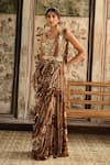 Buy_Diyarajvvir_Brown Crepe, Georgette Caramel Designer Pre-draped Skirt Saree Set With Blouse _Online_at_Aza_Fashions