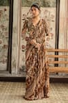 Buy_Diyarajvvir_Brown Crepe, Georgette Sequins, Caramel Pre-draped Sharara Saree With Blouse _at_Aza_Fashions