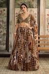 Buy_Diyarajvvir_Brown Tulle, Georgette Sequins, Beads V-neck Caramel Printed Lehenga Set _at_Aza_Fashions