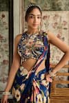 Buy_Diyarajvvir_Blue Crepe Sequins, Embroidery, Floral Print Pre-draped Skirt Saree With Blouse 
