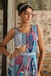 Shop_Diyarajvvir_Blue Crepe, Georgette Sequins, Embroidery Round Teal Pre-draped Skirt Saree Set _Online_at_Aza_Fashions
