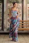 Buy_Diyarajvvir_Teal Crepe, Georgette Sequins, Embroidery, Blue Pre-draped Saree And Corset Blouse _at_Aza_Fashions