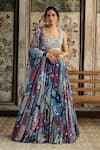 Diyarajvvir_Blue Crepe, Georgette Mirrors, Sequins, Embroidery Teal Printed Lehenga Set _Online_at_Aza_Fashions
