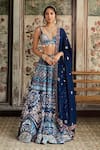 Buy_Diyarajvvir_Blue Crepe, Silk, Organza Sequins, Embroidery V-neck Teal Printed Lehenga Set _at_Aza_Fashions