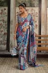 Buy_Diyarajvvir_Blue Crepe, Georgette Sequins, Mirrors, Beads Teal Printed Pre-draped Saree Set _Online_at_Aza_Fashions