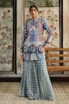 Buy_Diyarajvvir_Blue Georgette, Silk Embroidery Mandarin Teal Printed Jacket And Gharara Set _at_Aza_Fashions