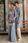Shop_Diyarajvvir_Blue Georgette, Silk Embroidery Mandarin Teal Printed Jacket And Gharara Set _Online_at_Aza_Fashions