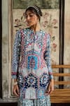 Diyarajvvir_Blue Georgette, Silk Embroidery Mandarin Teal Printed Jacket And Gharara Set _at_Aza_Fashions