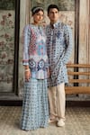 Buy_Diyarajvvir_Blue Georgette, Silk Embroidery Mandarin Teal Printed Jacket And Gharara Set 