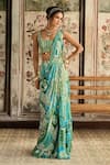 Buy_Diyarajvvir_Blue Crepe, Georgette Sequins, Beads Aqua And Green Pre-draped Saree With Blouse _Online_at_Aza_Fashions
