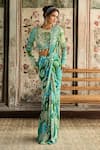 Buy_Diyarajvvir_Blue Crepe Sequins, Beads Round Neck Aqua And Green Dhoti Saree With Blouse _at_Aza_Fashions