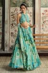 Diyarajvvir_Green Tulle, Georgette Sequins Halter Neck Aqua Blue And Printed Lehenga Set _Online_at_Aza_Fashions