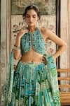 Buy_Diyarajvvir_Green Tulle, Georgette Sequins Halter Neck Aqua Blue And Printed Lehenga Set _Online_at_Aza_Fashions
