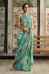Buy_Diyarajvvir_Green Tulle, Georgette Aqua Blue Printed Pre-draped Pant Saree With Blouse _Online_at_Aza_Fashions