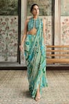 Buy_Diyarajvvir_Green Tulle, Georgette Aqua Blue Printed Pre-draped Pant Saree With Blouse _at_Aza_Fashions
