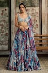 Buy_Diyarajvvir_White Crepe, Georgette, Organza Embroidery, Teal Blue Printed Lehenga Set _at_Aza_Fashions