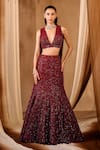 Buy_Niamh By Kriti_Maroon Crepe, Chiffon, Net Sequins, Crystals Intricate Embroidered Lehenga Set _Online_at_Aza_Fashions