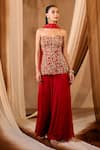 Niamh By Kriti_Red Georgette, Net Beads, Sequins, Cut Work Hand Embroidered Kurta Sharara Set _Online_at_Aza_Fashions