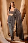 Buy_Niamh By Kriti_Gold Chiffon Beads, Sequins Sweetheart Neck Copper Shimmer Saree Set _at_Aza_Fashions